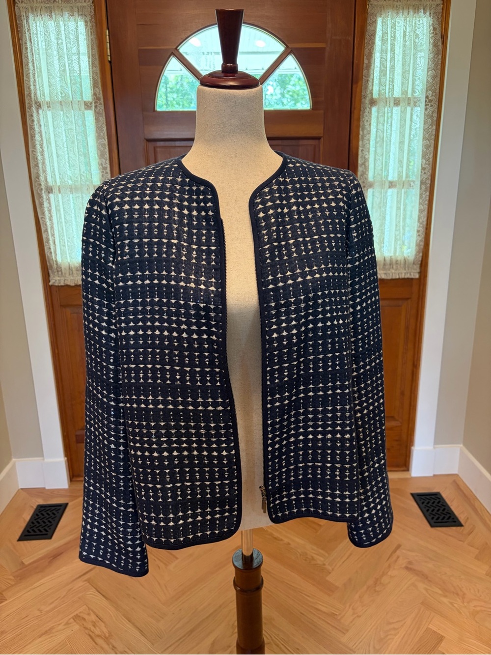 Armani Collezioni Navy and White Patterned Varsity Jacket